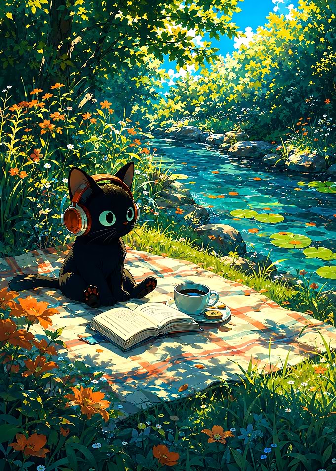Black Cat Reading by the Stream