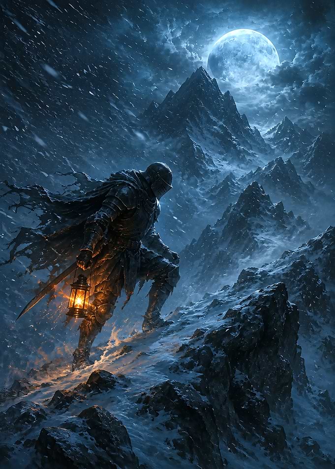 Knight climbing snowy mountain at night