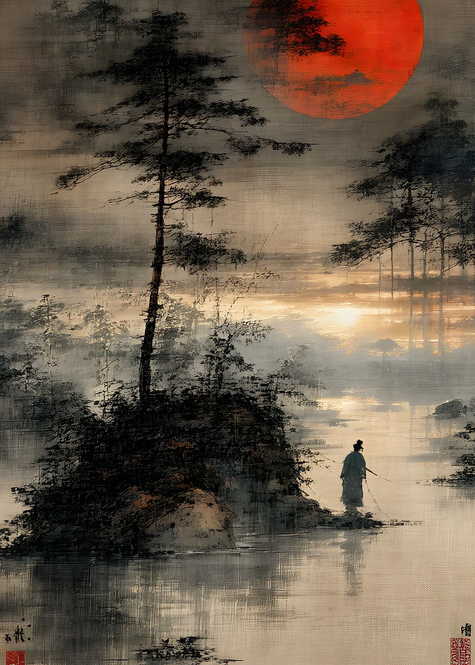 Lone Samurai Under Red Moon
