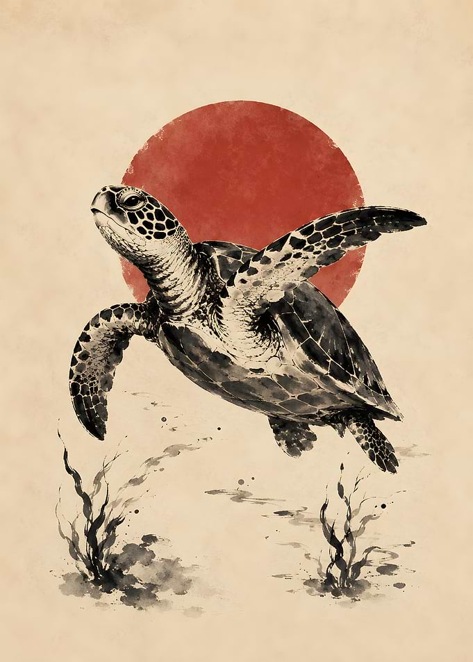 Ancient Sea Turtle Red Sun