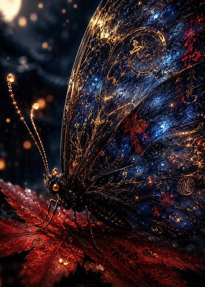 Ornate Celestial Butterfly on Maple Leaf