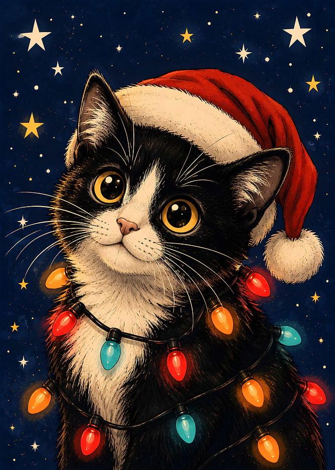 Christmas Tuxedo Cat – Cute Santa Cat with Colorful Christmas Lights