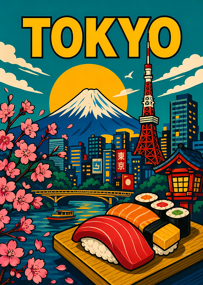 Vintage Tokyo Travel Poster Illustration