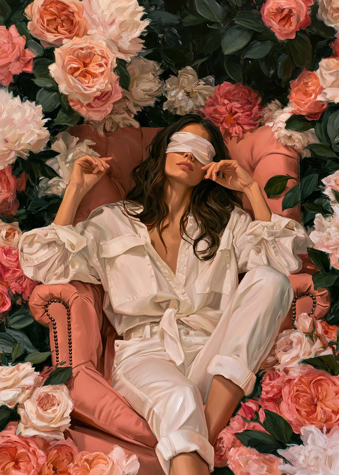 Woman Blindfolded in Floral Chair