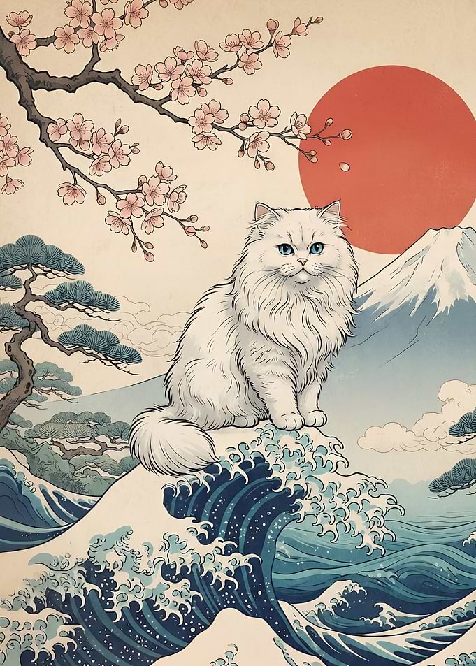 Fluffy White Cat Ukiyo-e Art
