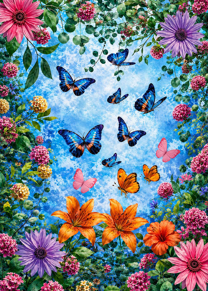 Butterflies and Flowers Garden Scene