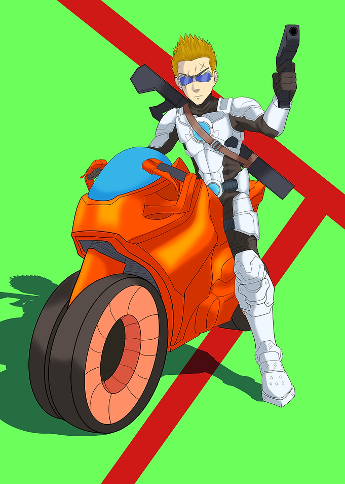 Anime character on futuristic motorcycle