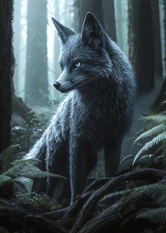 Mystic Silver Fox in the Fog-Covered Forest