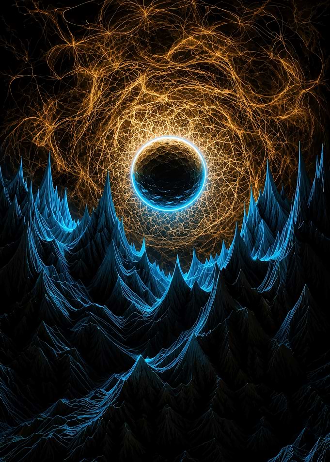 Abstract Fractal Landscape with Glowing Orb