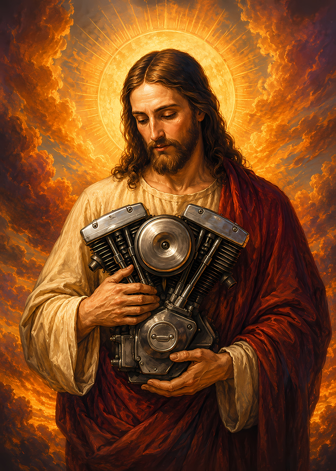 Jesus Holding a V-Twin Engine