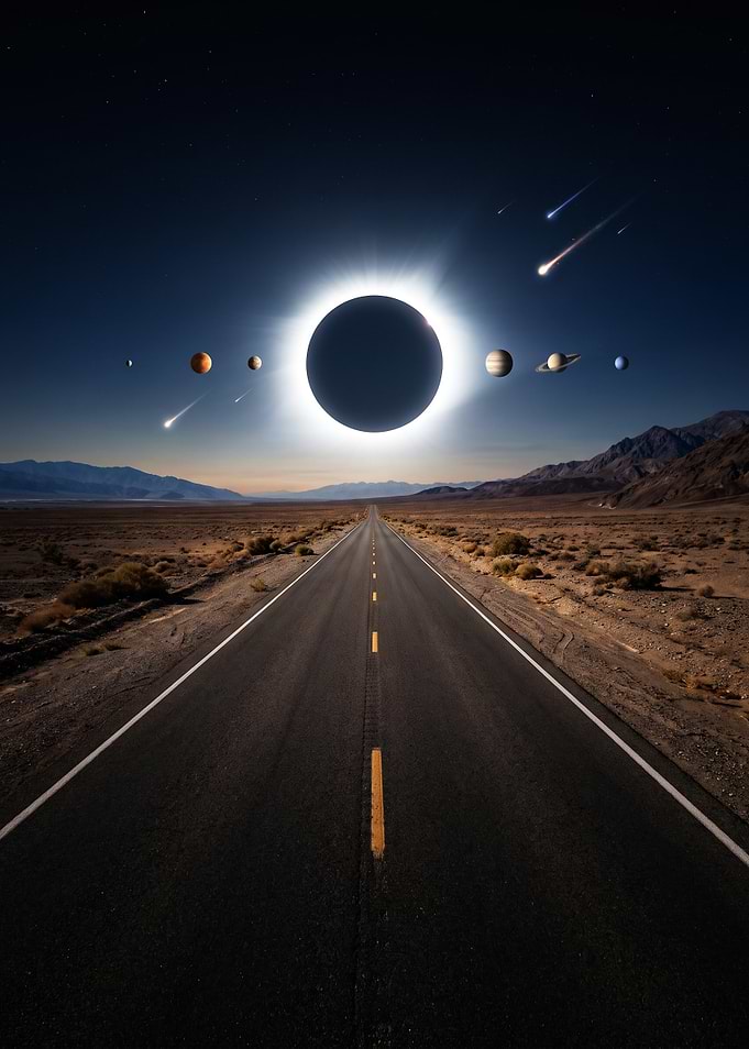 Solar Eclipse Over Desert Highway