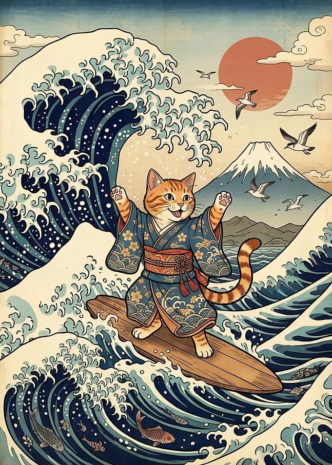 Cat Surfing The Great Wave