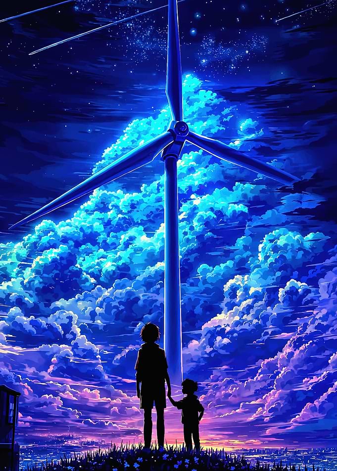 Two children under a giant windmill