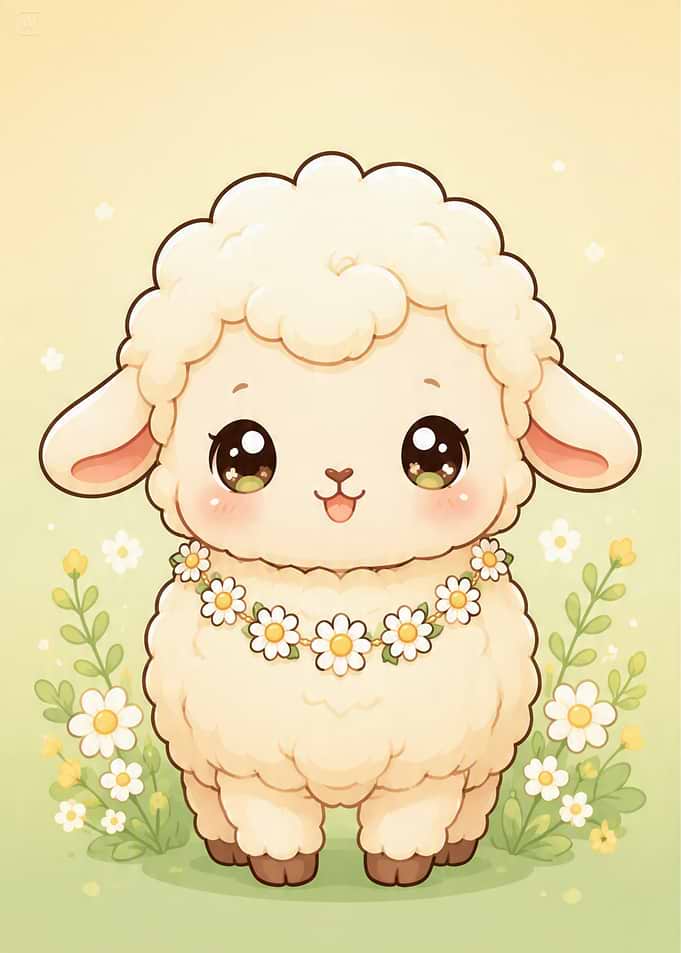 Cute Kawaii Lamb with Daisy Garland