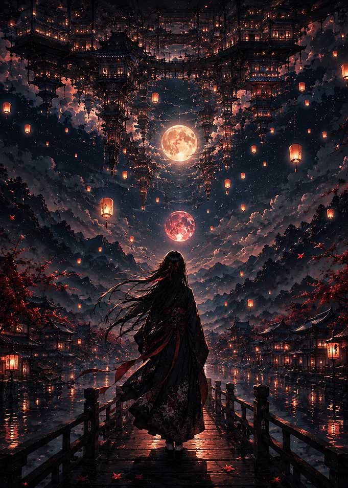 Woman on Bridge Under Floating City