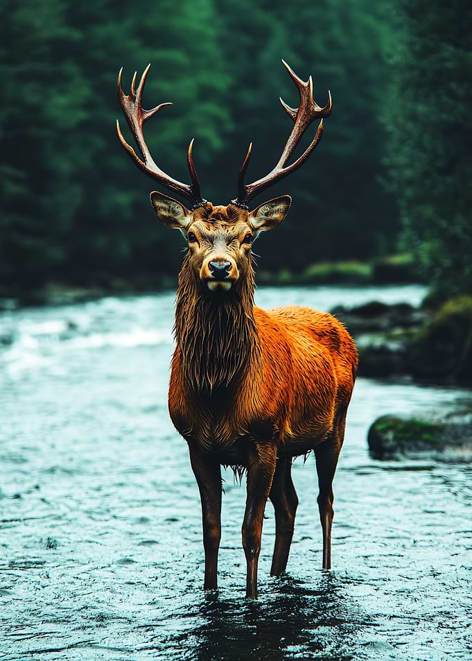 Majestic Red Deer in River