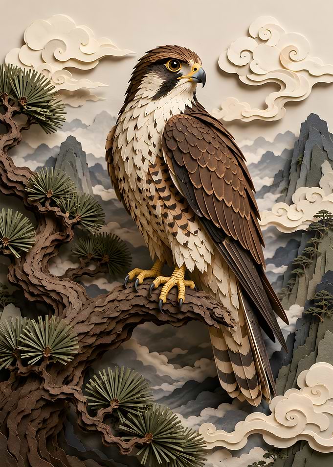Falcon on Pine Tree