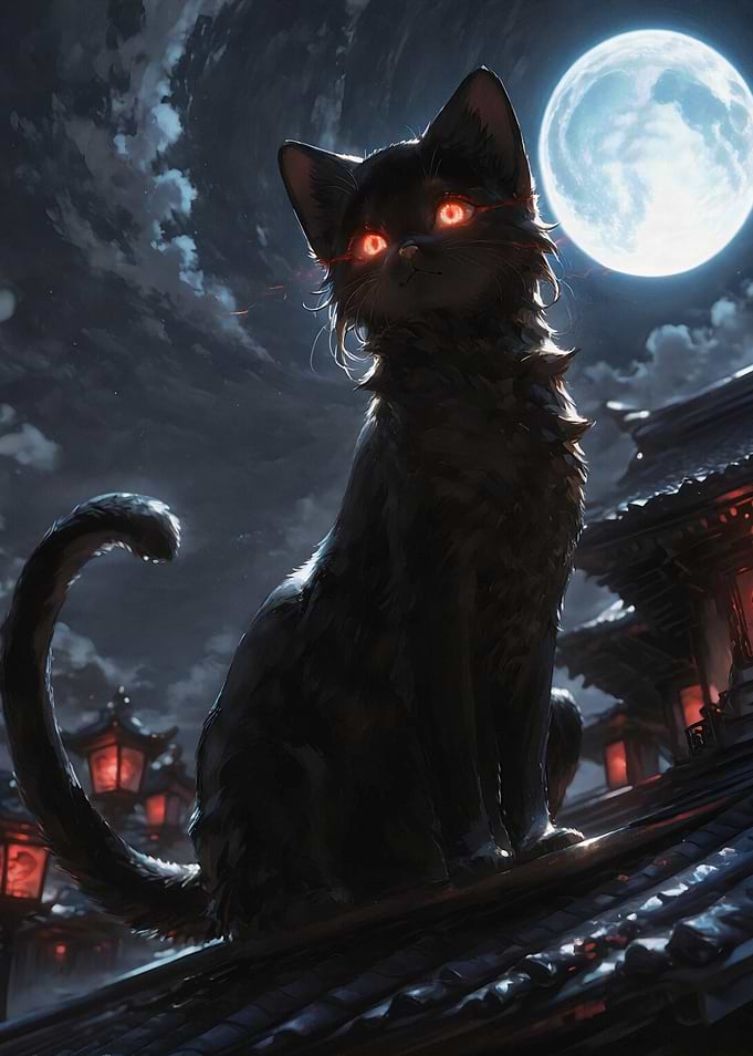 Mystical Black Cat Under Full Moon