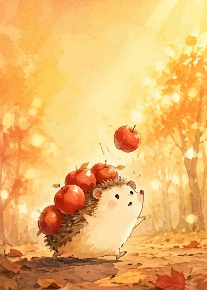 Cute Hedgehog Carrying Apples in Autumn