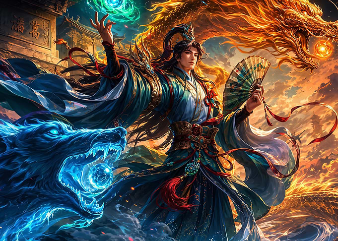 Fantasy Warrior with Dragon and Wolf