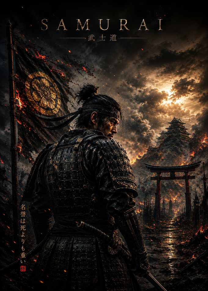 Samurai Warrior Before Burning Castle