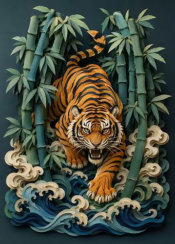Roaring Tiger in Bamboo Forest