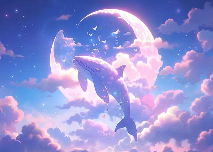 Whale Swimming in Dreamy Night Sky