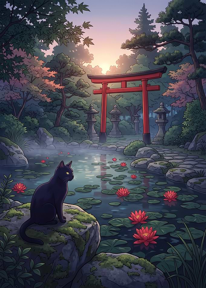 Black Cat at Forest Temple Pond japan