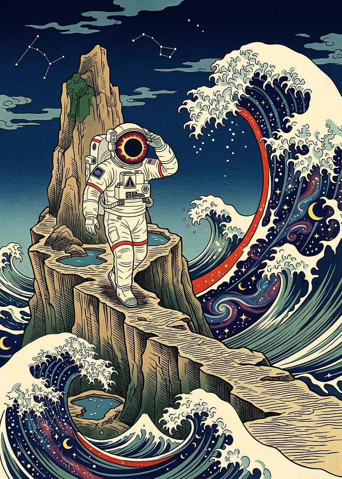 Astronaut on Ukiyo-e Cosmic Wave