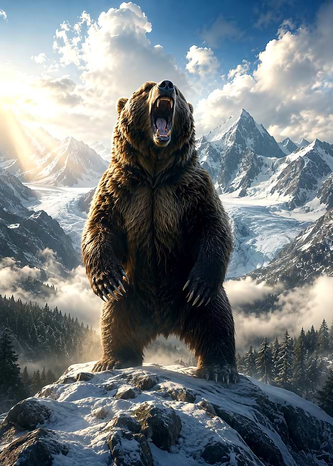 Roaring Grizzly Bear in Snowy Mountains