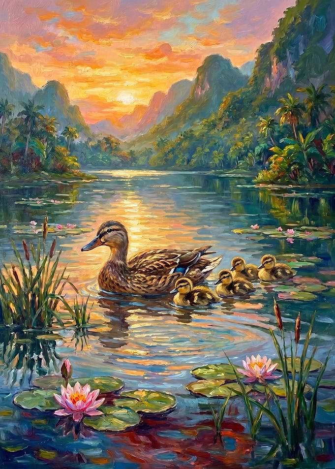 Mother Duck and Ducklings at Sunset