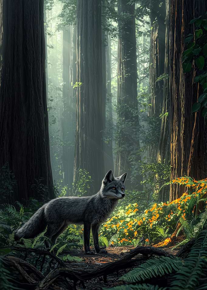 Silver Fox in the Enchanted Redwood Forest