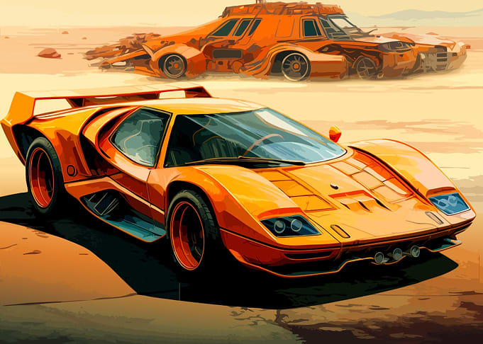 Orange Supercar in Desert Landscape