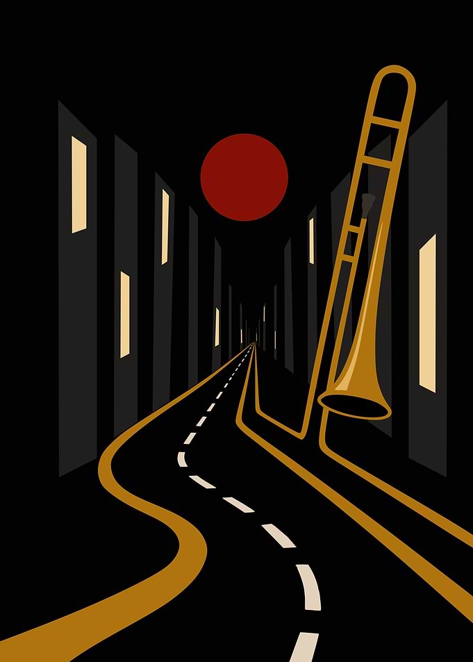 Jazz Trombone City Street Illustration