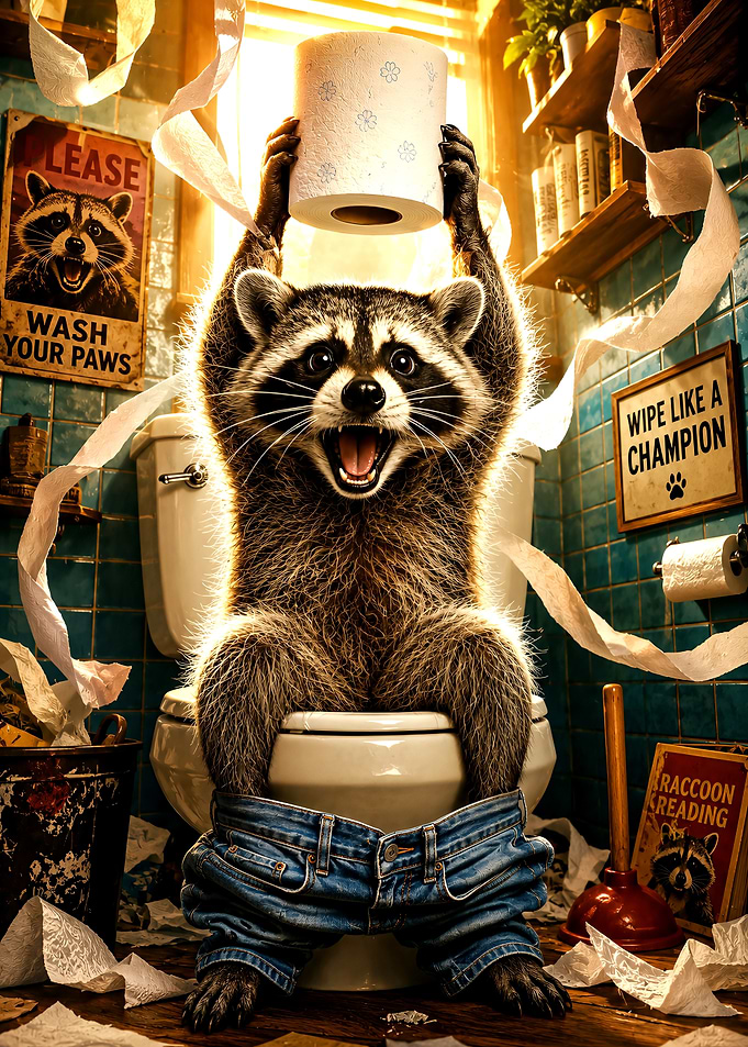 Funny Raccoon on Toilet