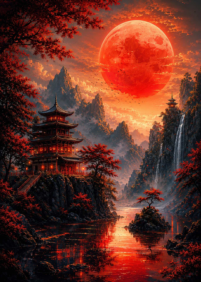 Red Pagoda Under Blood Moon