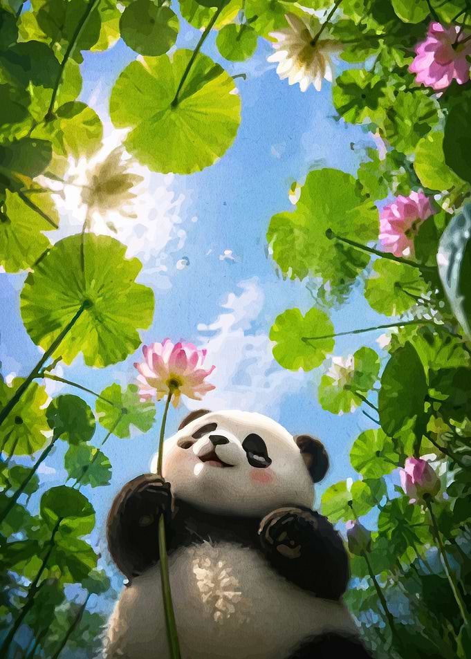 Cute Panda Holding a Lotus Flower