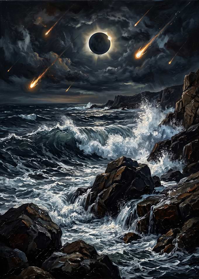 Apocalyptic Solar Eclipse Over Stormy Sea