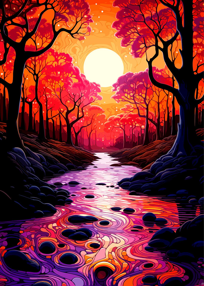 Vibrant Sunset Forest Stream Illustration