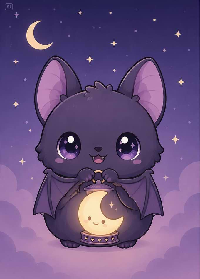 Cute Kawaii Bat Holding Moon Lantern
