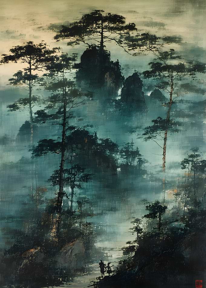 Misty Mountain Landscape with Pine Trees