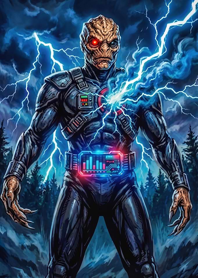 Cyborg Alien Warrior in Lightning Storm