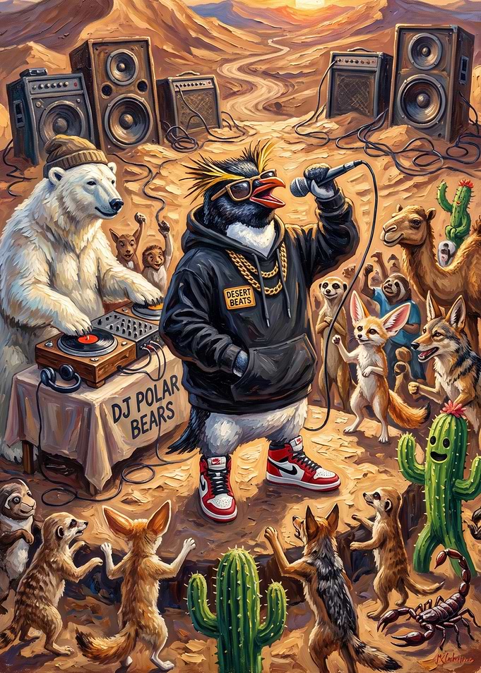 Penguin Rapper Performing in the Desert