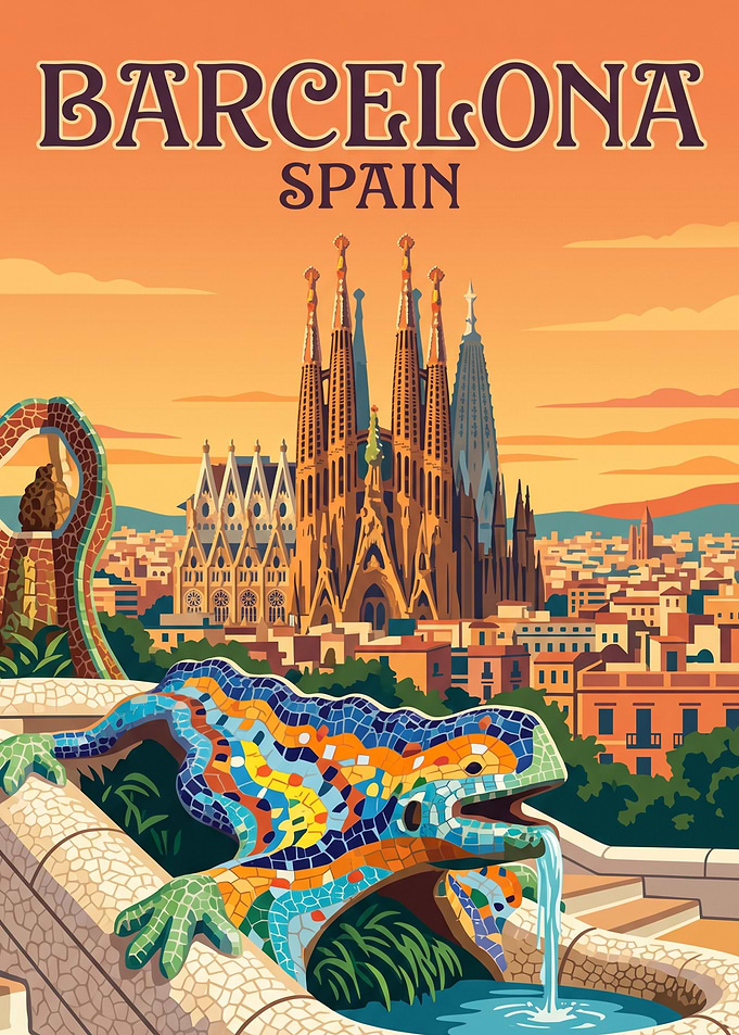 Barcelona Travel Poster Spain with Sagrada Familia