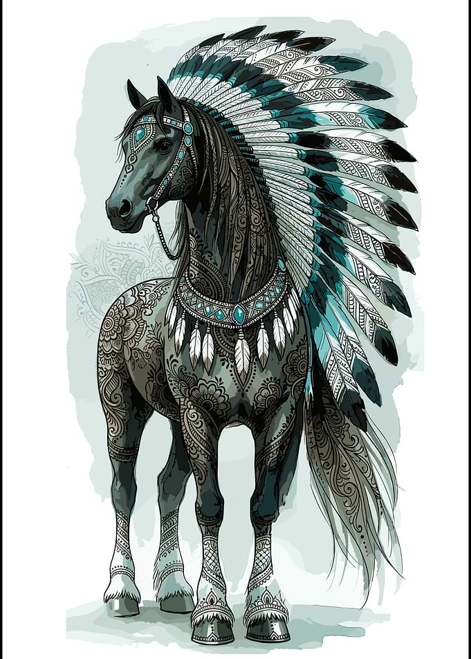 Majestic Horse with Native American Headdress