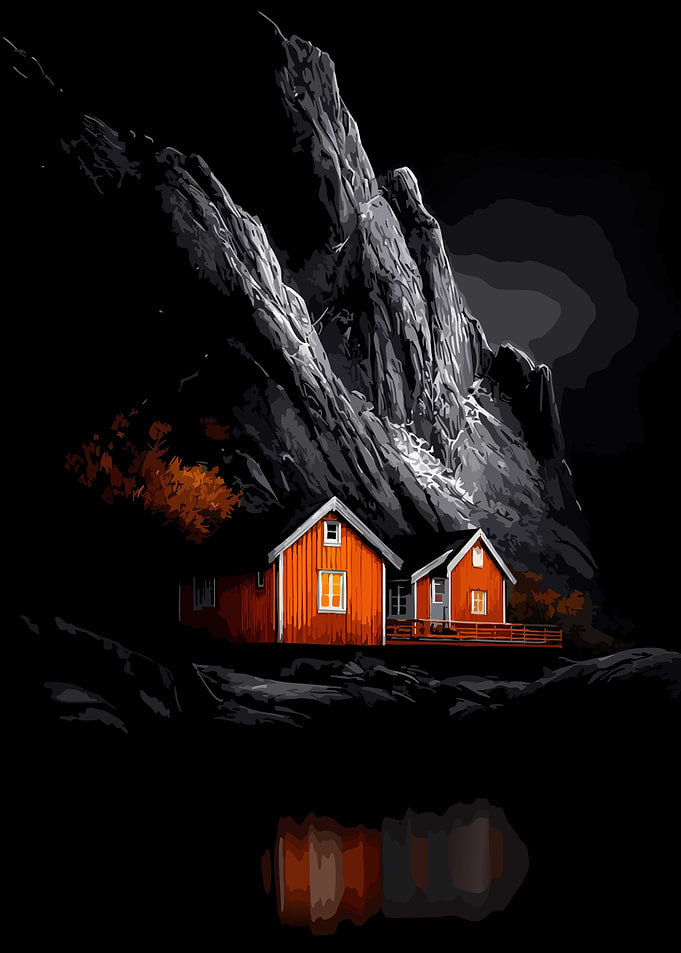 Red Cabins Under Dark Mountains