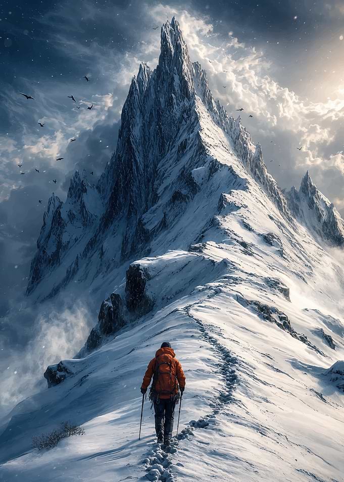 Lone Hiker on Snowy Mountain Peak
