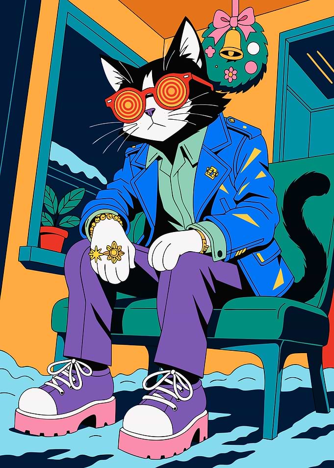 Stylish Tuxedo Cat in Retro Outfit