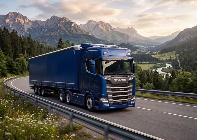 Blue Scania Truck Driving Through Mountains