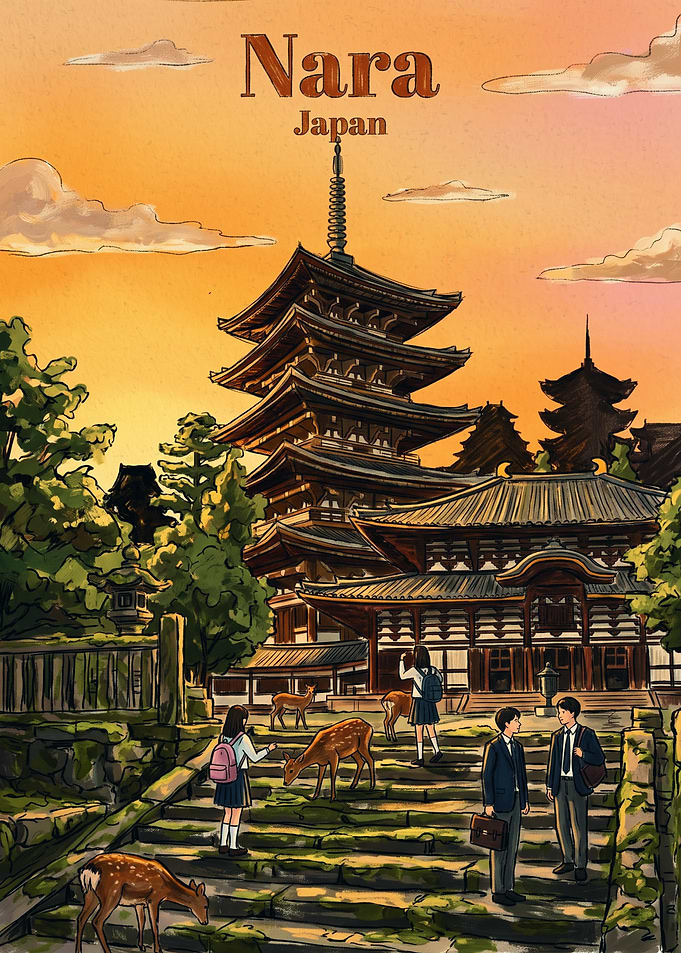 Nara Japan Travel Poster Illustration